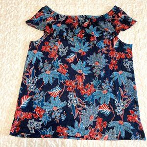 J Jill Sarasa Ruffled Tropical Ruffled Top 100% Linen Elastic Shoulder Navy Blue